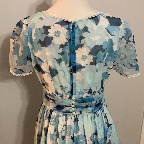 Vintage Blue Square Dance Floral Dress with Matching Ruched Belt Size Medium - Picture 4 of 7